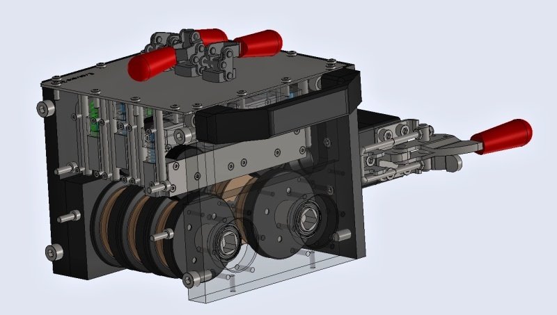 3D-ontwerp van de aandrijfmodule van de Evolvere, met snelspanners