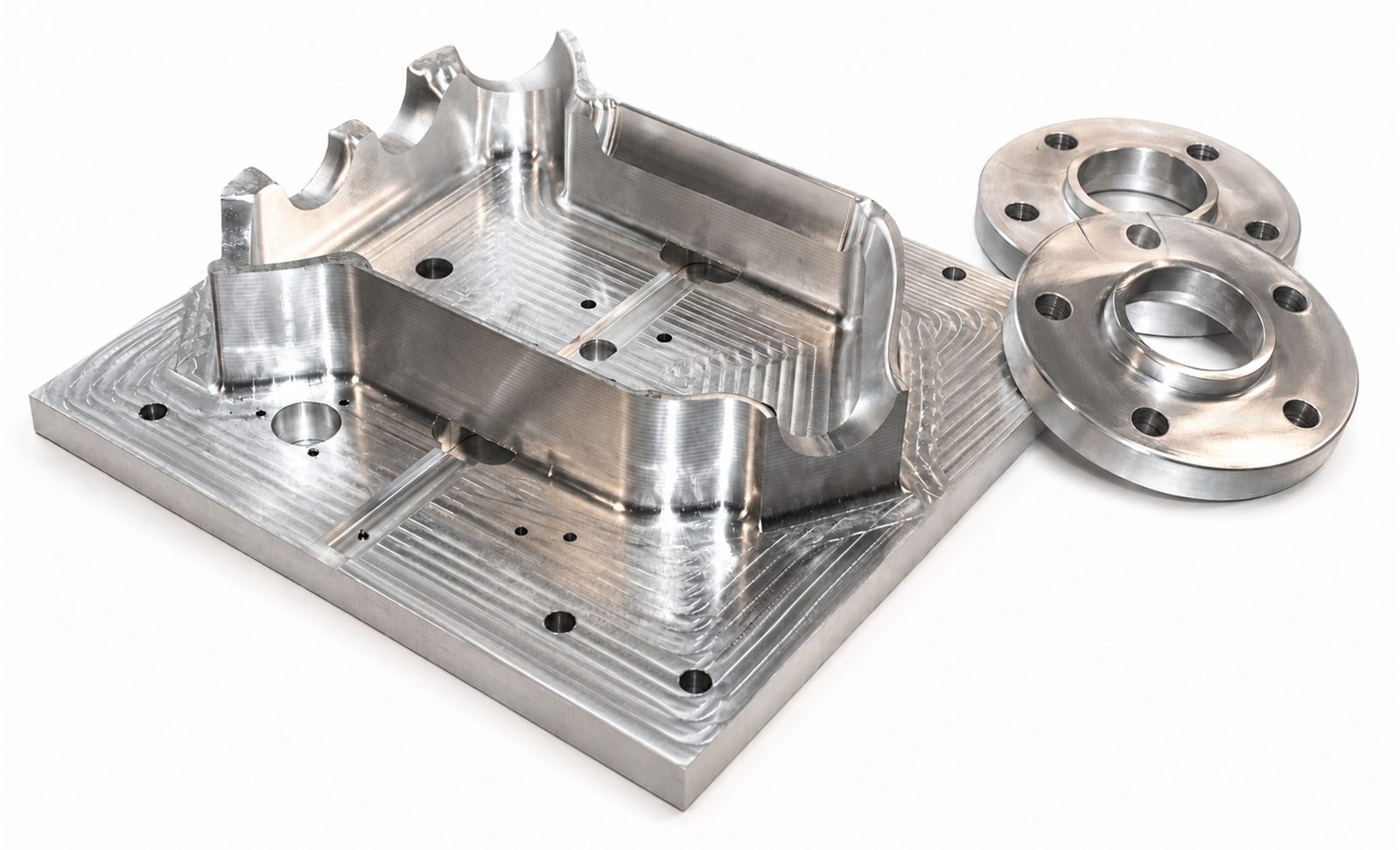 Gefreesd aluminium blok met twee gedraaide flenzen