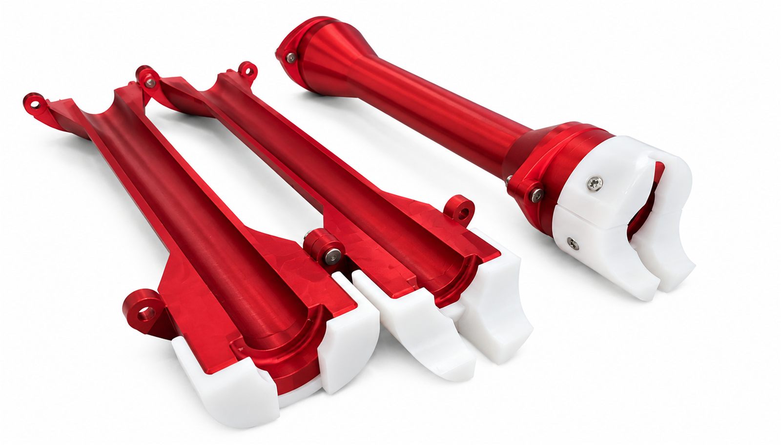 Rood geanodiseerde tooling met witte kunststof klemdelen